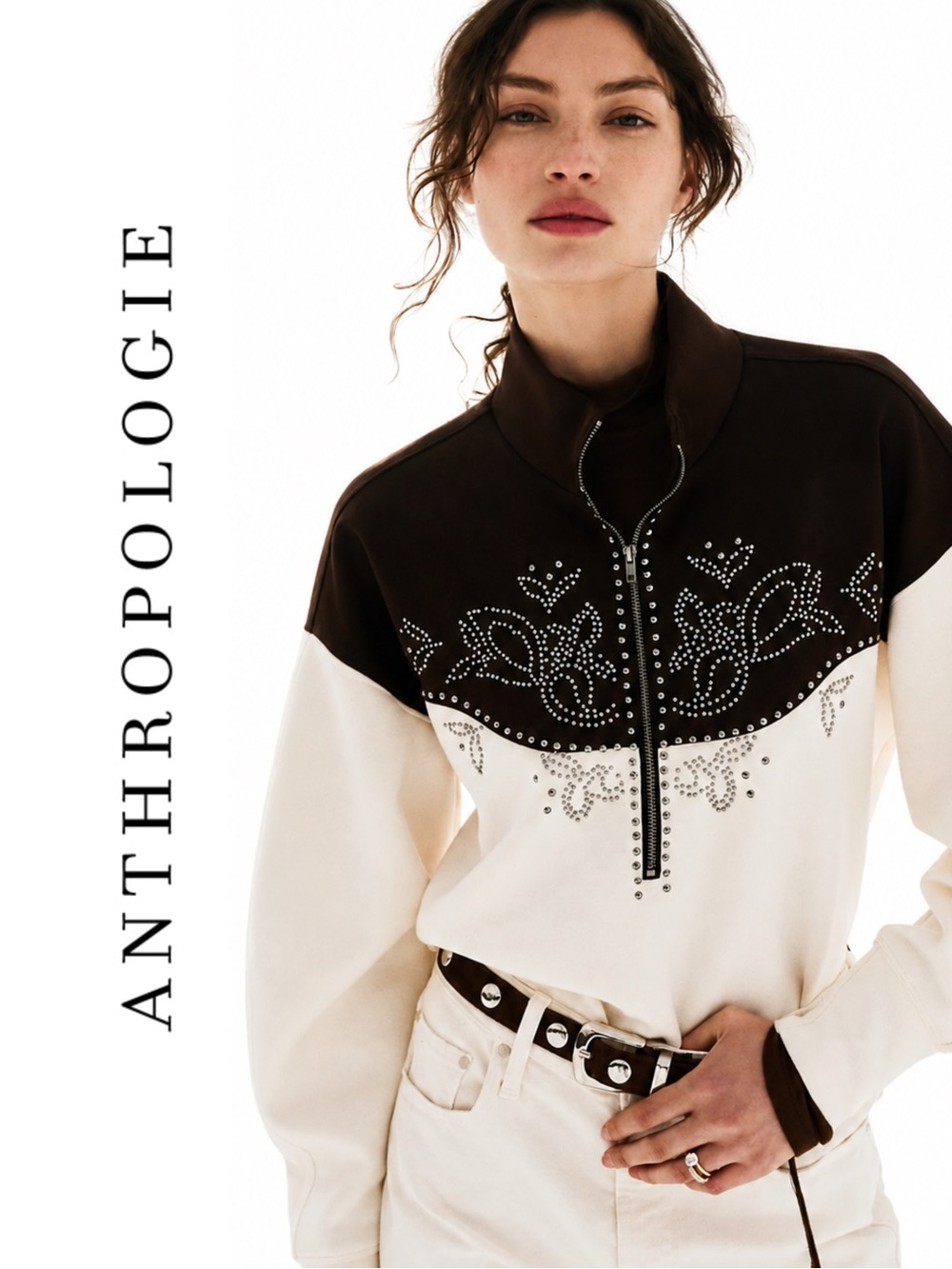 Anthropologie Studded Half-Zip Sweatshirt